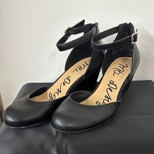 Black Ankle-Strap Wedge Pumps - Women